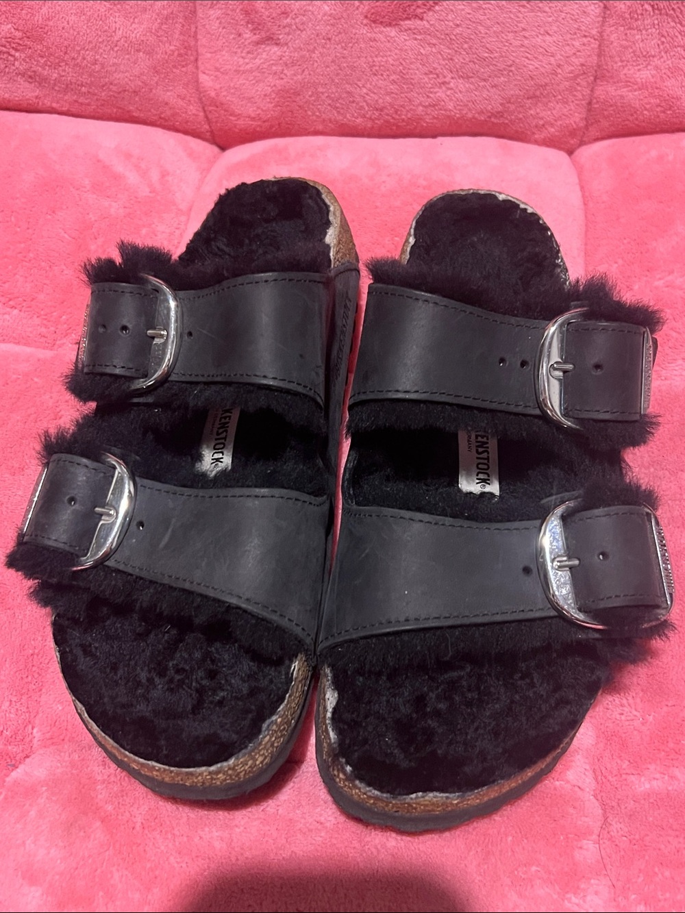 Birkenstock Arizona Big Buckle Shearling Sandals Black - Size EU38/US7